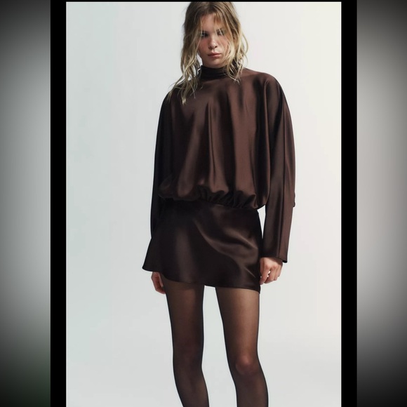 Zara SATIN EFFECT SCARF DRESS - brown 4661/215/702 - Picture 3 of 9